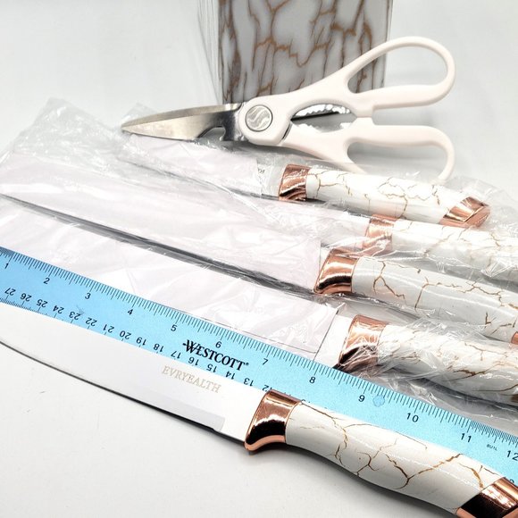 6 Knives Kitchen Cutlery White/Gold Handles Plastic Block Holder EVEYEALTH New - Picture 5 of 14